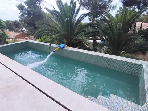 Pool filling with a tanker truck in Costa de la Calma, Calvià